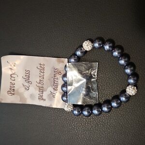 Pave Crystal and Glass Pearl Bracelet and Earrings
